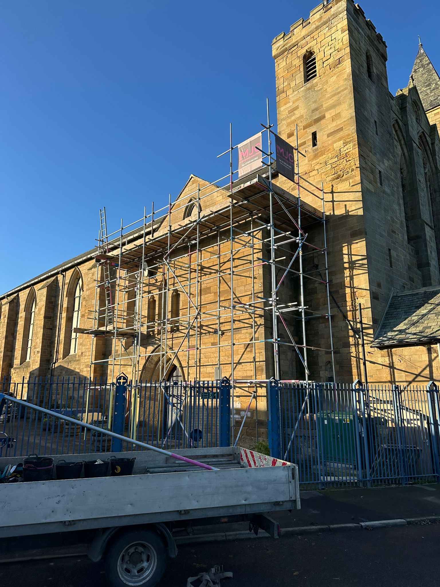MJC scaffolding to a stone church façade and tower in Yorkshire